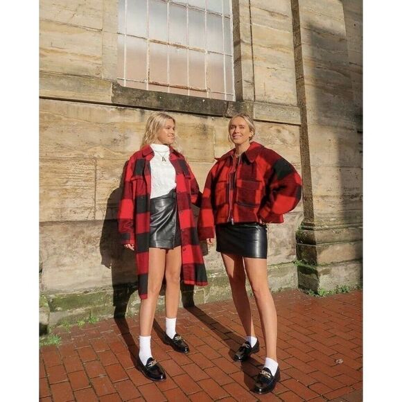 Plaid Shacket Shirt Jacket H&M Bloggers Red Black - Picture 2 of 7